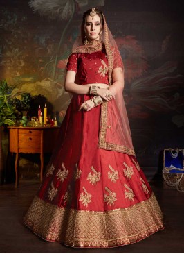 Resham Satin Lehenga Choli in Maroon