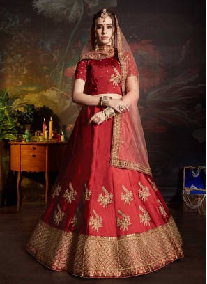 Resham Satin Lehenga Choli in Maroon