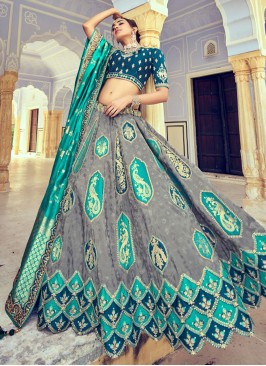 Resham Silk Lehenga Choli in Grey and Teal