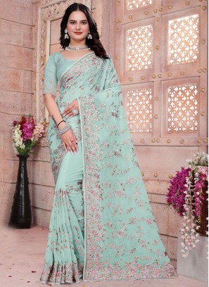 Resplendent Aqua Blue Embroidered Georgette Contemporary Saree