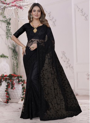 Resplendent Black Embroidered Trendy Saree