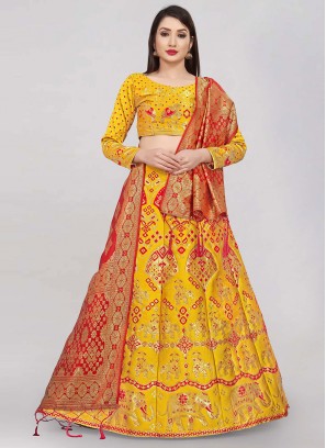 Resplendent Jacquard Work Yellow Silk Trendy Lehenga Choli