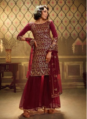 Resplendent Maroon Net Trendy Palazzo Suit