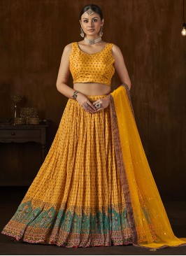 Resplendent Mustard Digital Print Georgette A Line Lehenga Choli