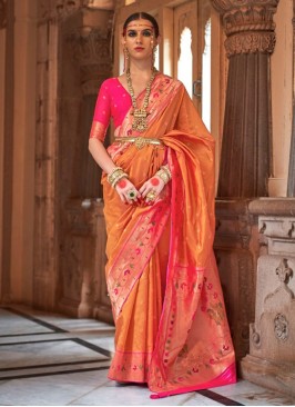 Resplendent Weaving Orange Silk Classic Saree