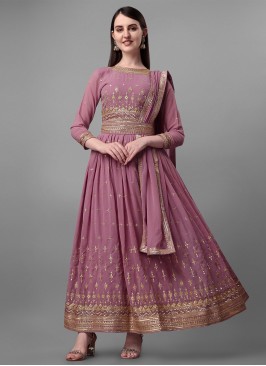 Riveting Faux Georgette Embroidered Pink Anarkali Suit