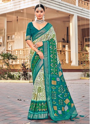 Riveting Foil Print Off White Contemporary Saree