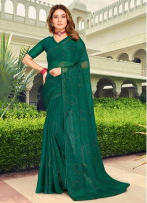 Riveting Green Stone Work Silk Saree