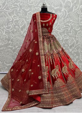 Riveting Multi Velvet Red Trendy Lehenga Choli