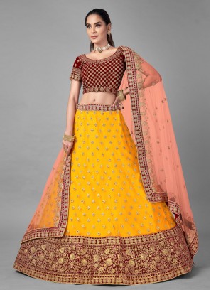 Riveting Mustard Velvet Lehenga Choli