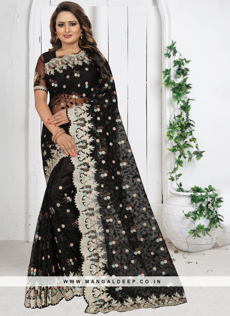 Riveting Net Black Embroidered Classic Saree