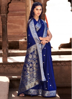Riveting Satin Silk Blue Trendy Saree