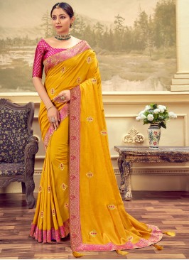 Riveting Vichitra Silk Yellow Classic Designer Saree