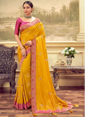 Riveting Vichitra Silk Yellow Classic Designer Saree