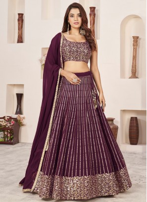 Riveting Wine Embroidered Georgette Lehenga Choli