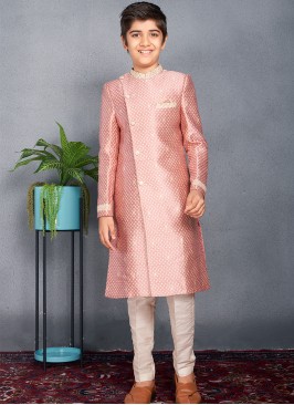 Rose Gold Pink Banarasi Brocade Kid's Sherwani Trouser Set.