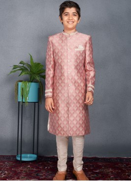 Rose Gold Pink Banarasi Brocade Kids' Sherwani Trouser Set.