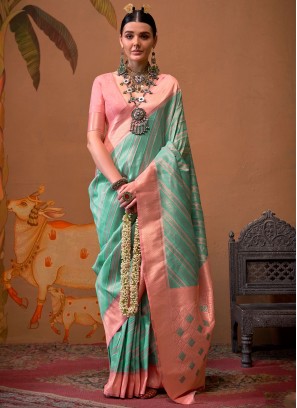 Rose Pink and Turquoise Handloom silk Festival Trendy Saree
