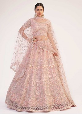 Rose Pink Color Net Embroidered Lehenga