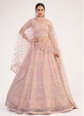 Rose Pink Color Net Embroidered Lehenga