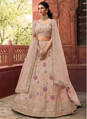 Rose Pink Color Organza Thread Work Lehenga Choli