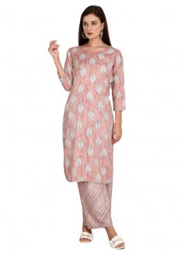 Rose Pink Color Rayon Kurti With Bottom