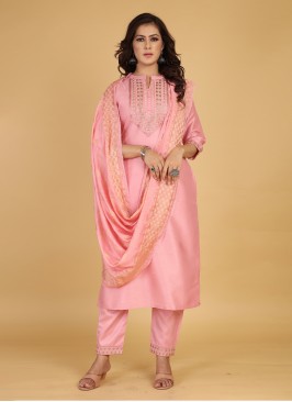 Rose Pink Cotton Silk Embroidered Pant Style Suit