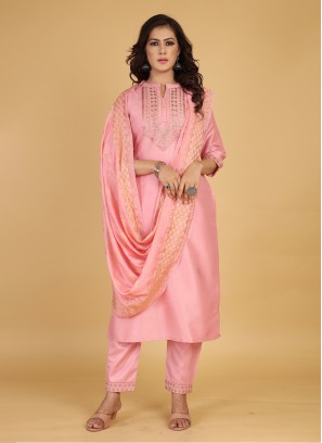 Rose Pink Cotton Silk Embroidered Pant Style Suit