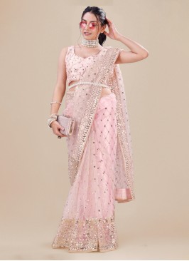 Rose Pink Machine Embroidery  Saree