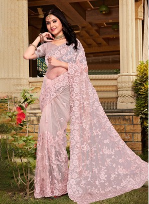 Rose Pink Net Stone Contemporary Style Saree