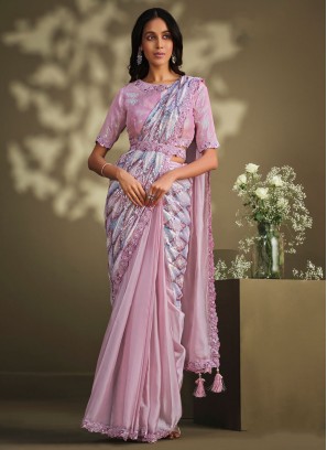 Rose Pink Sequins Satin Silk Classic Saree