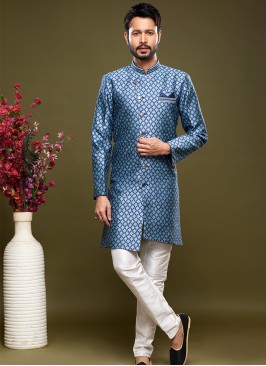 Royal Azure Fusion: Banarasi Jacquard Semi-Indo En