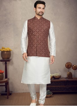 Royal Blackish Marron Art silk Print Three-Piece Men's Ethnic Ensemble.