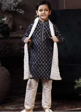 Royal Blue Charm: Kids' Printed Cotton Kurta Trous