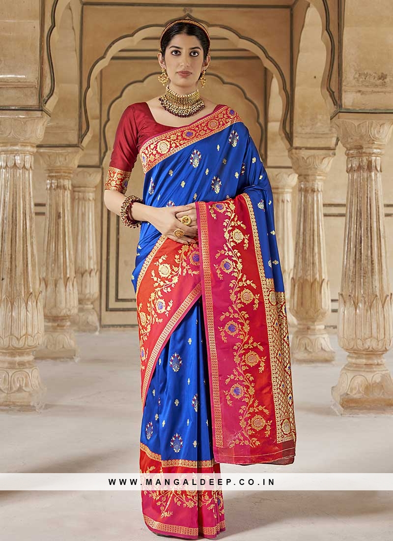 royal blue color kanchipuram silk saree with golden zari work