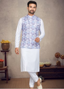 Royal Lavender Cotton Print Three-Piece Men's Ethnic Ensemble.