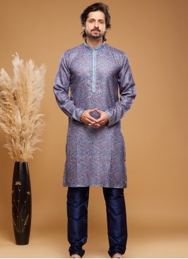 Royal Blue Digital Art Silk Designer Kurta Pajama Set.