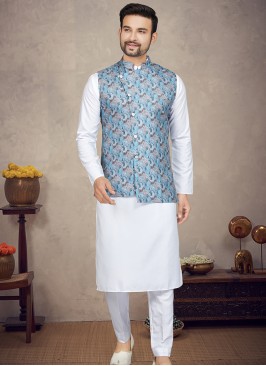 Royal Blue Digital Print Three-Piece Men's Ethnic Ensemble.