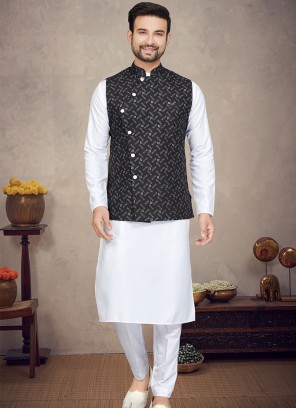 Royal Black Cotton Print Three-Piece Men