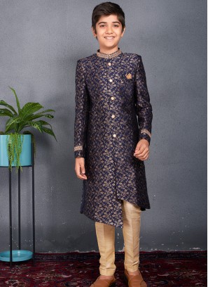 Royal Navy Blue Banarasi Sherwani Trouser Set for Boys