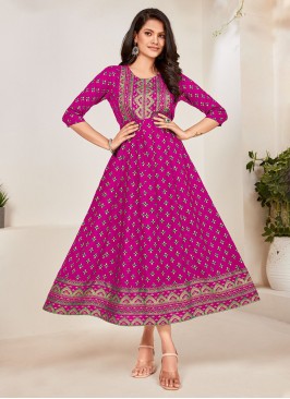 Royal Foil Print Rayon Magenta Readymade Gown