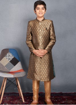 Royal Green & Gold Banarasi Brocade Kids' Sherwani Trouser Set.