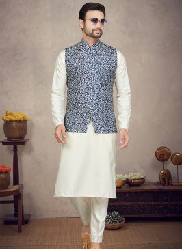 Royal Blue Cotton Print Three-Piece Men's Ethnic E