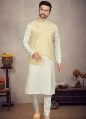 Royal Light Yellow Cotton Print Three-Piece Men