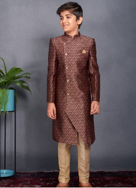 Royal Dark Purple Banarasi Sherwani Trouser Set for Boys