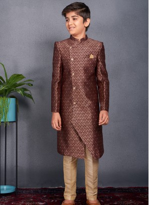 Royal Dark Purple Banarasi Sherwani Trouser Set for Boys