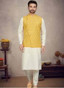 Royal Yellow Cotton Print Three-Piece Men's Ethnic Ensemble.