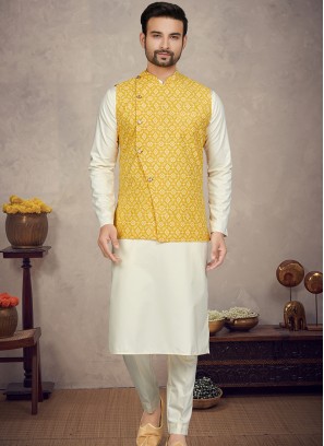 Royal Yellow Cotton Print Three-Piece Men