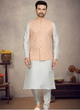 Royal Peach Art silk Print Three-Piece Men's Ethnic Ensemble.