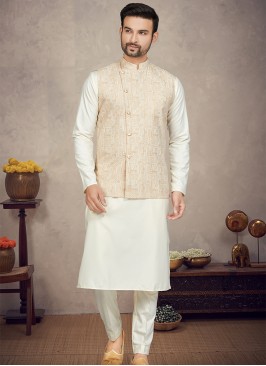 Royal Light Gold Cotton Print Three-Piece Men's Ethnic Ensemble.